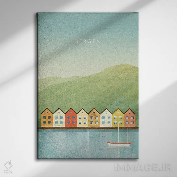 تابلو مینیمال Norway Travel Poster,پوستر سفر برگن اثر هنری ریورز - نمای روبهرو روی دیوار