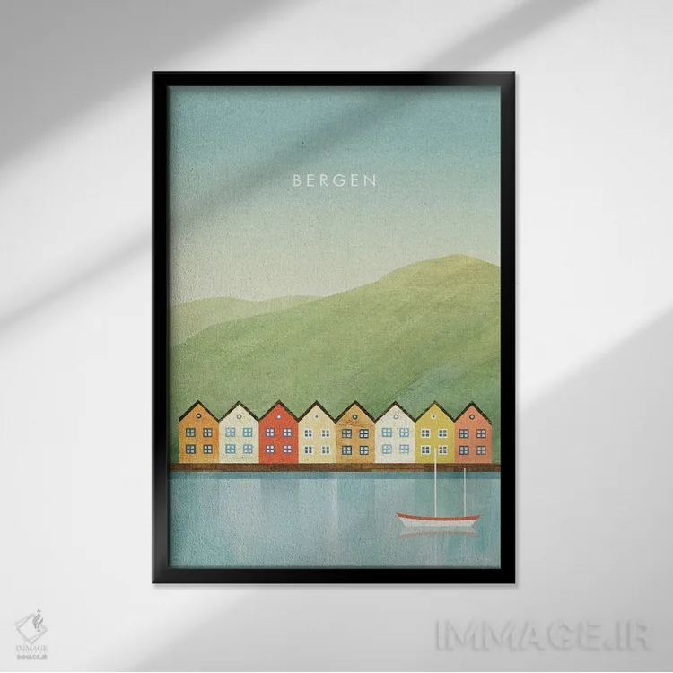 تابلو مینیمال Norway Travel Poster,پوستر سفر برگن اثر هنری ریورز - نمای قابدار مشکی