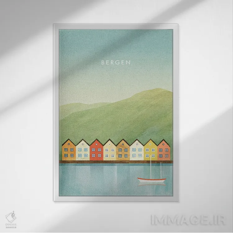 تابلو مینیمال Norway Travel Poster,پوستر سفر برگن اثر هنری ریورز - نمای قابدار سفید