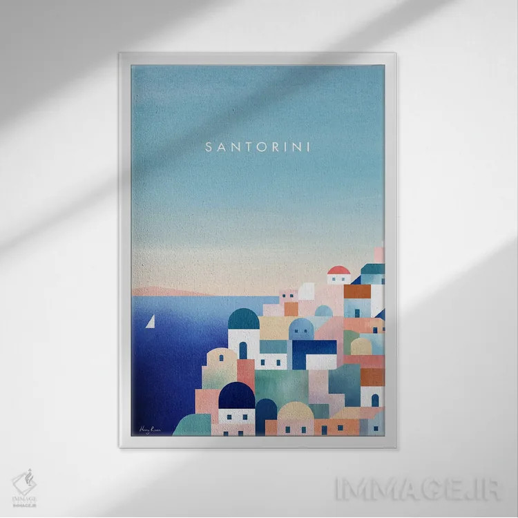 تابلو دکوراتیو Greece Travel Poster,پوستر سفر سانتورینی، یونان اثر هنری ریورز - نمای قابدار سفید