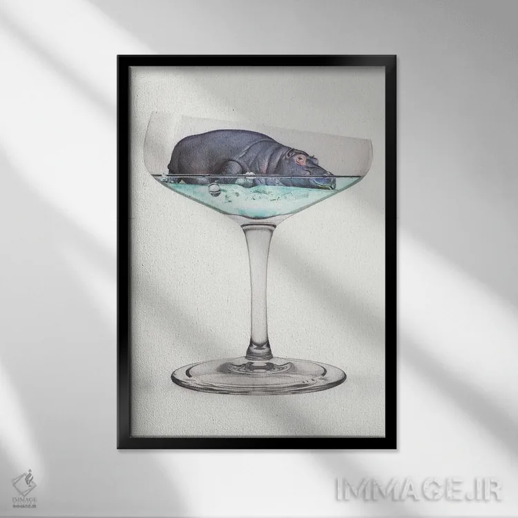تابلو دکوراتیو اسب آبی در لیوان اثر رم جونیور - نمای قابدار مشکی