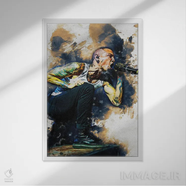 تابلو دکوراتیو لکه آمیز چستر بنینگتون اثر گوناوان آر بی - نمای قابدار سفید