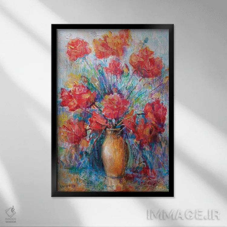 تابلو دکوراتیو رزها در کوزه اثر راخمت ردژپوف - نمای قابدار مشکی