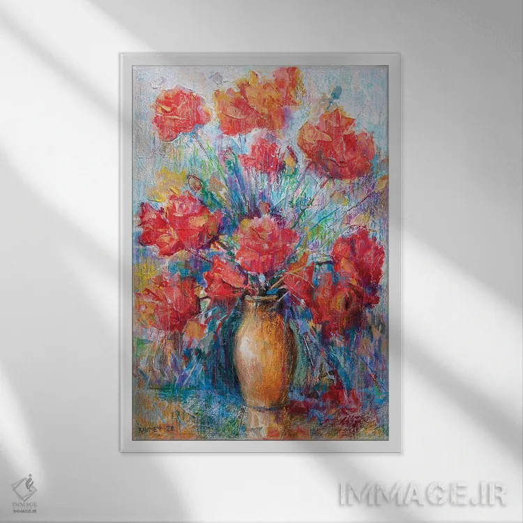 تابلو دکوراتیو رزها در کوزه اثر راخمت ردژپوف - نمای قابدار سفید