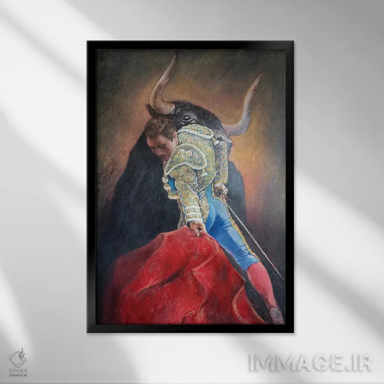تابلو دکوراتیو نماد گاو سیاه شرور اثر راخمت ردژپوف - نمای قابدار مشکی