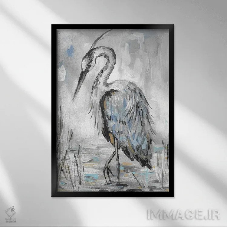 تابلو انتزاعی حواصیل آبی بزرگ اثر رومانا خومین - نمای قابدار مشکی