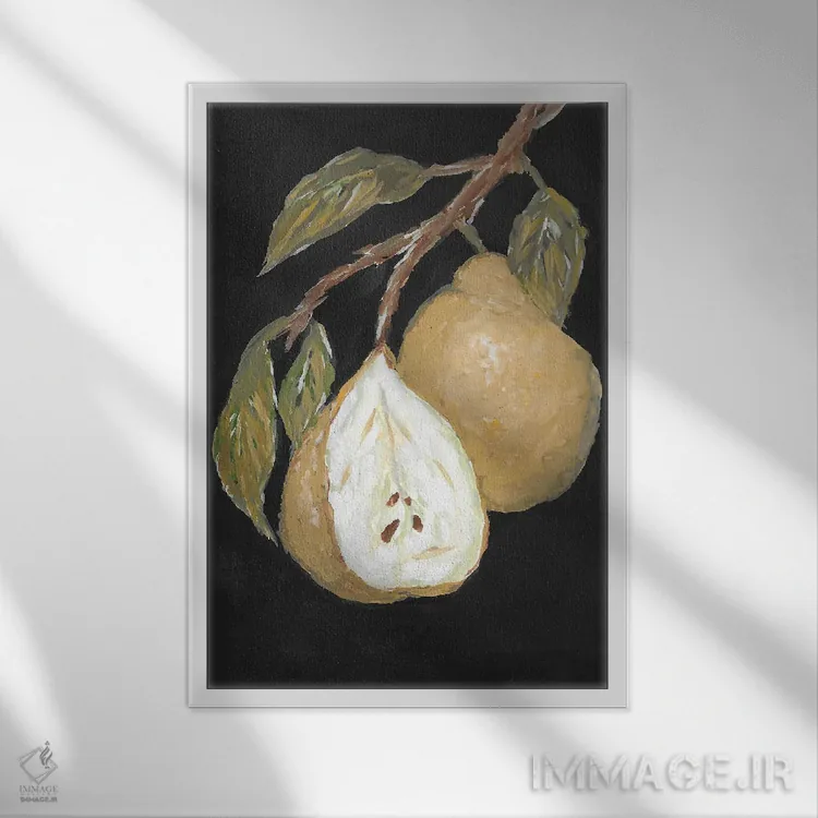 تابلوی گلابی با فضای تیره و شاعرانه اثر رومانا خومین - نمای قابدار سفید