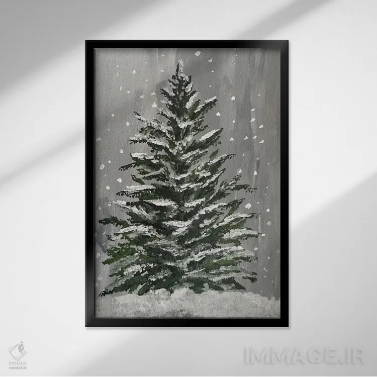 تابلو دکوراتیو درخت کریسمس زمستانی اثر رومانا خومین - نمای قابدار مشکی