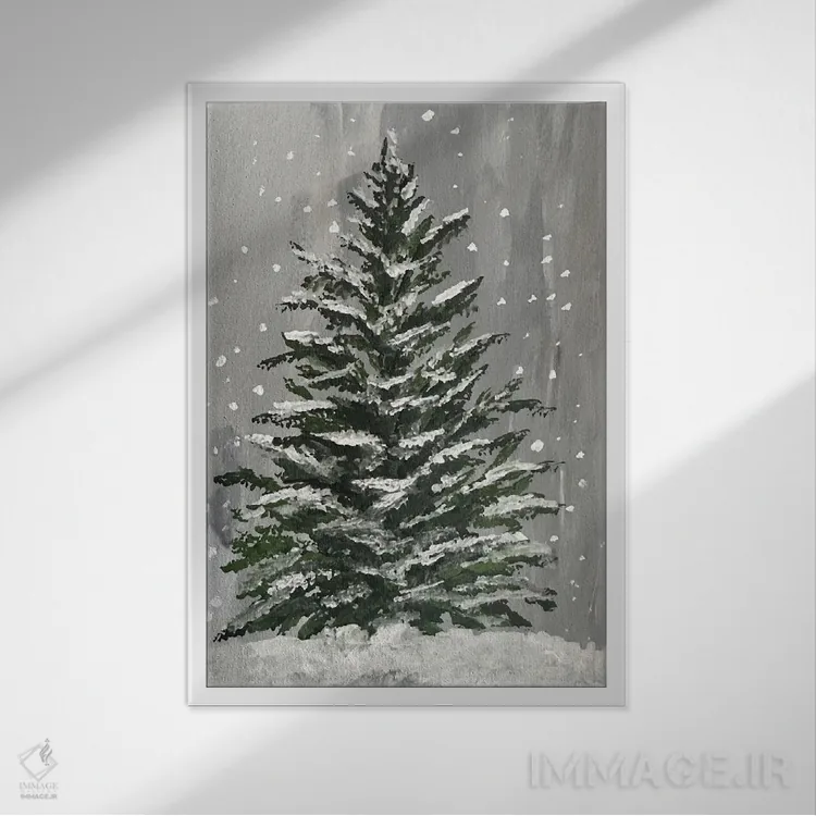 تابلو دکوراتیو درخت کریسمس زمستانی اثر رومانا خومین - نمای قابدار سفید