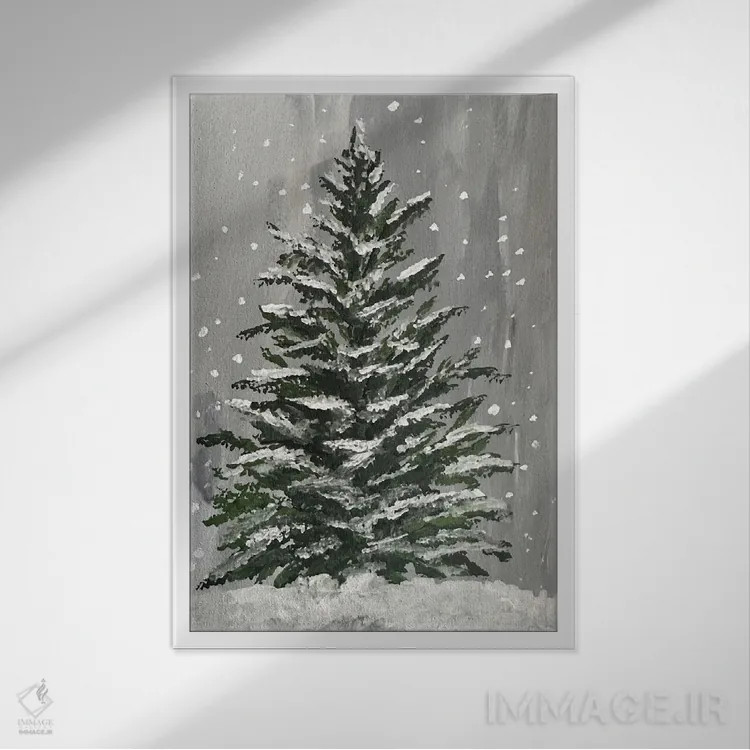 تابلو دکوراتیو درخت کریسمس زمستانی اثر رومانا خومین - نمای قابدار سفید