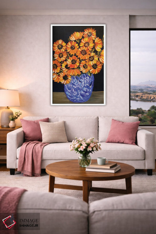 تابلو دکوراتیو طبیعت بی جان گل داوودی نارنجی اثر رومانا خومین - D3W