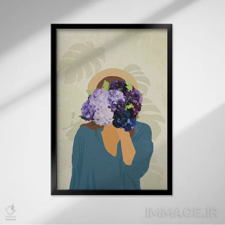 تابلو مینیمال بانوی گلدار اثر هنری پررنگ دیجیتال - نمای قابدار مشکی