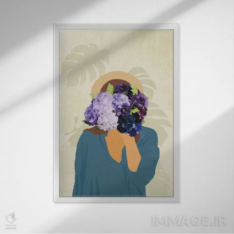 تابلو مینیمال بانوی گلدار اثر هنری پررنگ دیجیتال - نمای قابدار سفید
