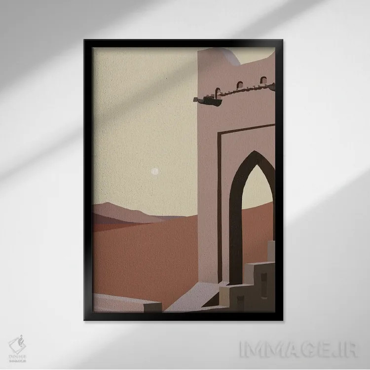 تابلو مینیمال انتزاعی با حال و هوای شرقی اثر مرل کالسن - نمای قابدار مشکی