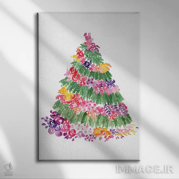 تابلو دکوراتیو درخت کریسمس گل دار اثر بلرز بای ای آی - نمای روبهرو روی دیوار