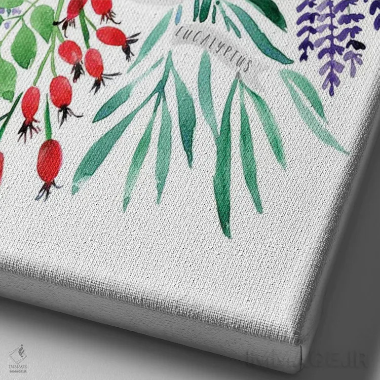 تابلو دکوراتیو دسته گیاه دارویی به سبک آبرنگ اثر بلرز بای ای آی - نمای نزدیک بافت بوم