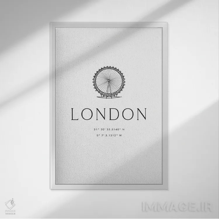 تابلو دکوراتیو مختصات لندن همراه با طراحی چرخ فلک لندن آی اثر بلرز بای ای آی - نمای قابدار سفید