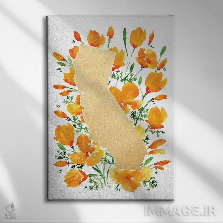 تابلو دکوراتیو نقشه کالیفرنیا با گل شقایق کالیفرنیا به سبک آبرنگ اثر بلرز بای ای آی - نمای روبهرو روی دیوار