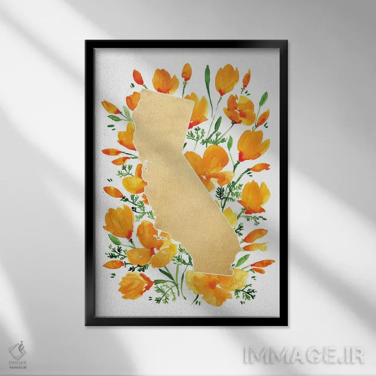 تابلو دکوراتیو نقشه کالیفرنیا با گل شقایق کالیفرنیا به سبک آبرنگ اثر بلرز بای ای آی - نمای قابدار مشکی