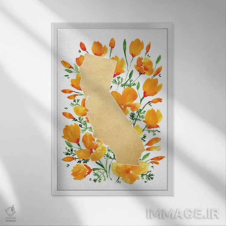تابلو دکوراتیو نقشه کالیفرنیا با گل شقایق کالیفرنیا به سبک آبرنگ اثر بلرز بای ای آی - نمای قابدار سفید