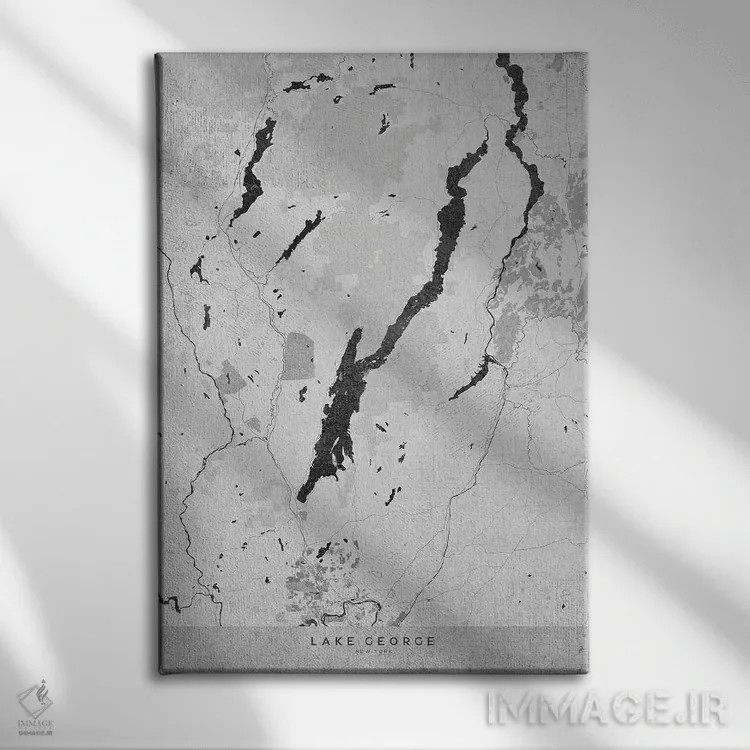 تابلو دکوراتیو نقشه قدیمی به رنگ خاکستری دریاچه جورج نیویورک اثر بلرز بای ای آی - نمای روبهرو روی دیوار