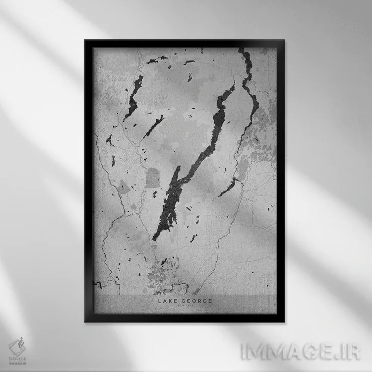 تابلو دکوراتیو نقشه قدیمی به رنگ خاکستری دریاچه جورج نیویورک اثر بلرز بای ای آی - نمای قابدار مشکی