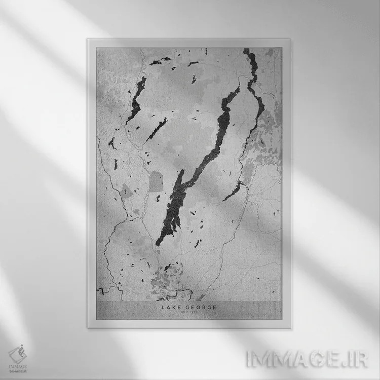 تابلو دکوراتیو نقشه قدیمی به رنگ خاکستری دریاچه جورج نیویورک اثر بلرز بای ای آی - نمای قابدار سفید