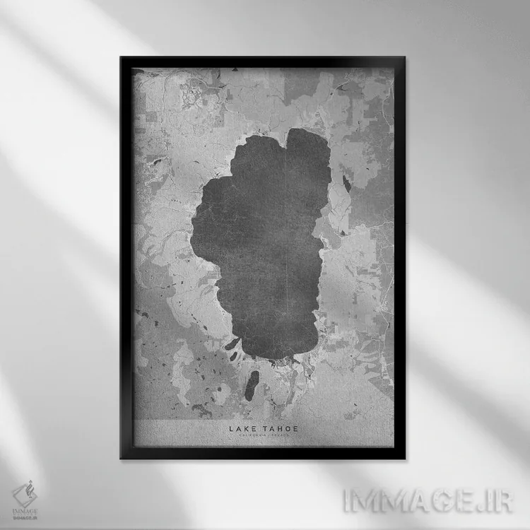 تابلو دکوراتیو نقشه قدیمی به رنگ خاکستری دریاچه تاهو اثر بلرز بای ای آی - نمای قابدار مشکی
