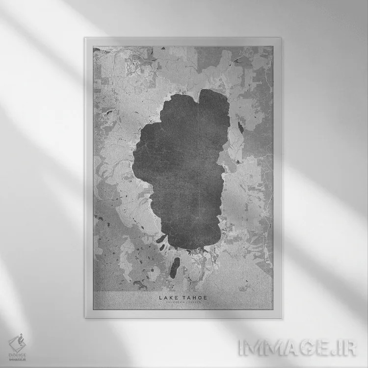 تابلو دکوراتیو نقشه قدیمی به رنگ خاکستری دریاچه تاهو اثر بلرز بای ای آی - نمای قابدار سفید