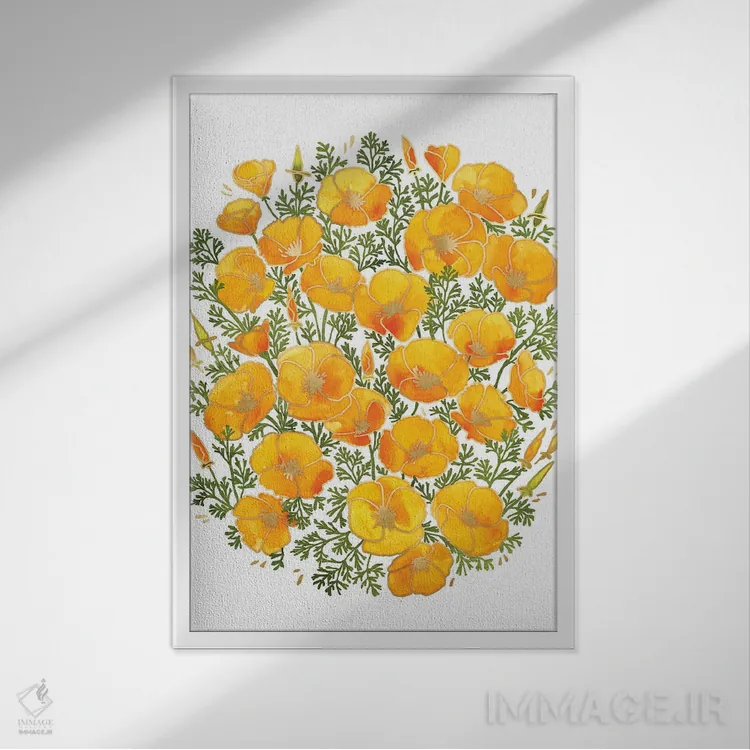 تابلو دکوراتیو دسته گل شقایق کالیفرنیا آبرنگی اثر بلرز بای ای آی - نمای قابدار سفید