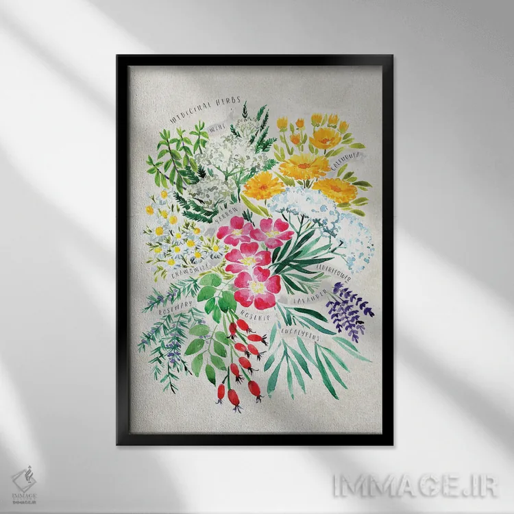 تابلو دکوراتیو دسته گیاهان دارویی آبرنگی قدیمی اثر بلرز بای ای آی - نمای قابدار مشکی