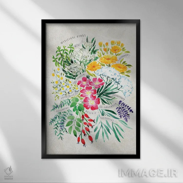 تابلو دکوراتیو دسته گیاهان دارویی آبرنگی قدیمی اثر بلرز بای ای آی - نمای قابدار مشکی