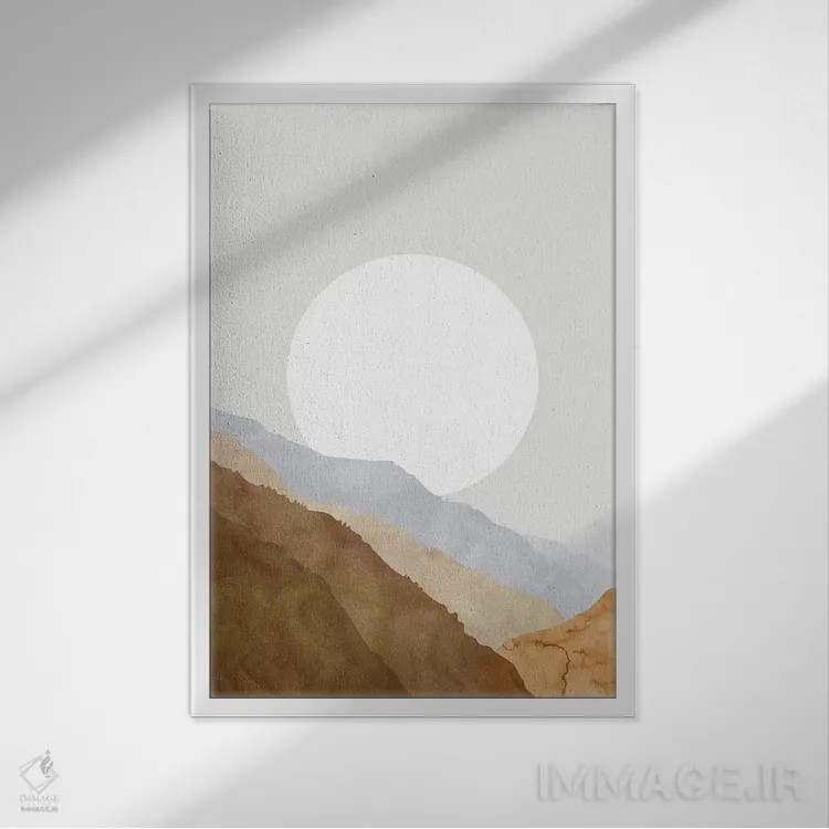 تابلو مینیمال ماه و کوه ها به سبک بوهو اثر بلرز بای ای آی - نمای قابدار سفید