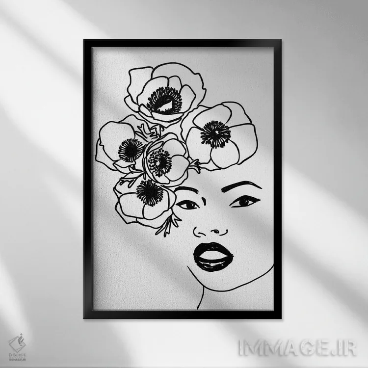 تابلو مینیمال طرح خطی پرتره شقایق دریایی اثر بلرز بای ای آی - نمای قابدار مشکی