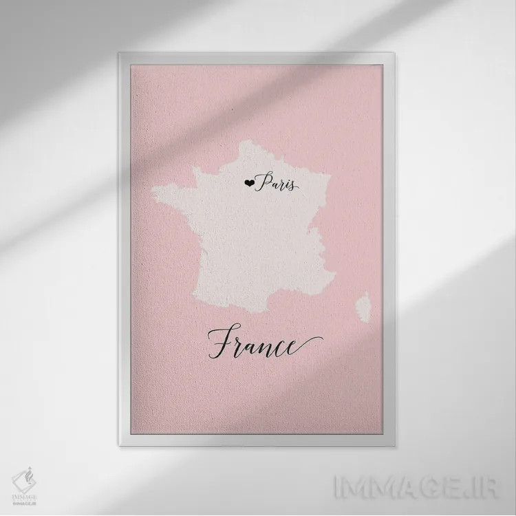 تابلو دکوراتیو سیلوئت نقشه فرانسه به رنگ صورتی اثر بلرز بای ای آی - نمای قابدار سفید