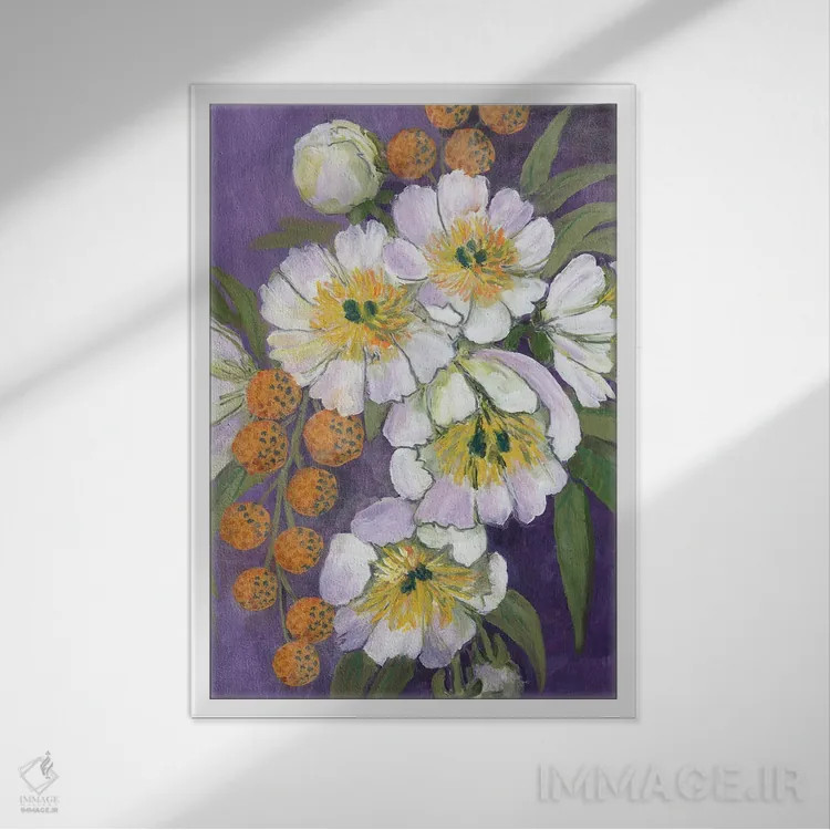 تابلو دکوراتیو دسته گل نقاشی وار چوی اثر بلرز بای ای آی - نمای قابدار سفید