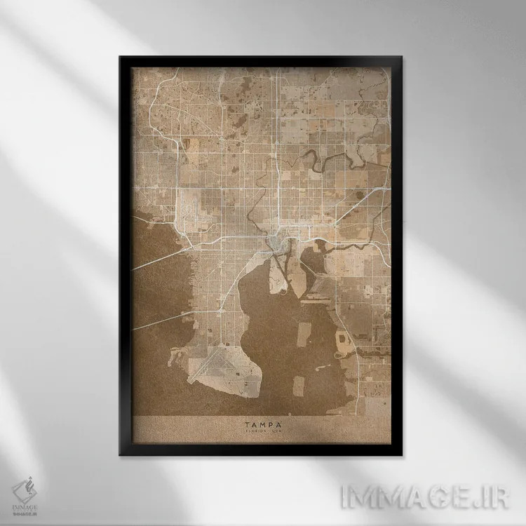 تابلو دکوراتیو USA) In Sepia Vintage Style,نقشه تمپا به سبک سپیا وینتیج اثر بلرز بای ای آی - نمای قابدار مشکی