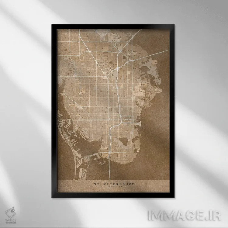 تابلو دکوراتیو USA) In Sepia Vintage Style,نقشه سنت پترزبورگ به سبک سپی… اثر بلرز بای ای آی - نمای قابدار مشکی