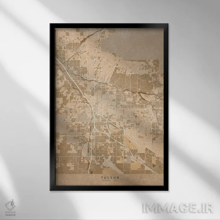 تابلو دکوراتیو USA) In Sepia Vintage Style,نقشه توسان به سبک سپیا وینتی… اثر بلرز بای ای آی - نمای قابدار مشکی