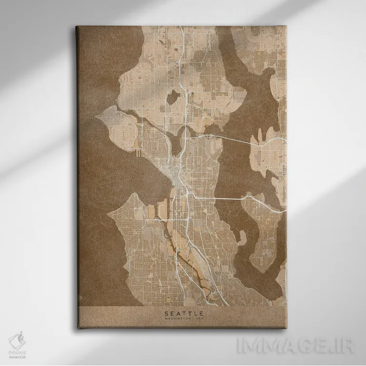 تابلو دکوراتیو USA) In Sepia Vintage Style,نقشه سیاتل به سبک سپیا وینتی… اثر بلرز بای ای آی - نمای روبهرو روی دیوار