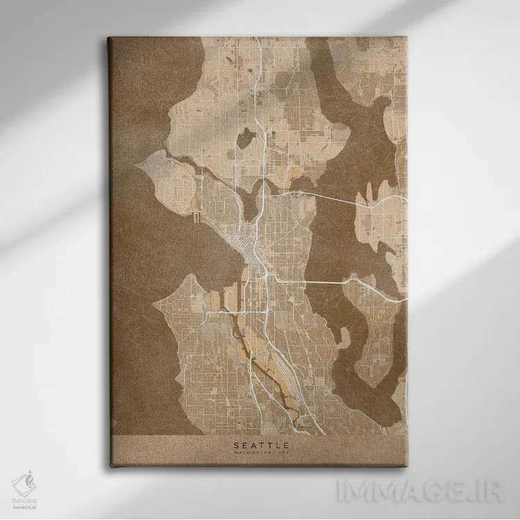 تابلو دکوراتیو USA) In Sepia Vintage Style,نقشه سیاتل به سبک سپیا وینتی… اثر بلرز بای ای آی - نمای روبهرو روی دیوار