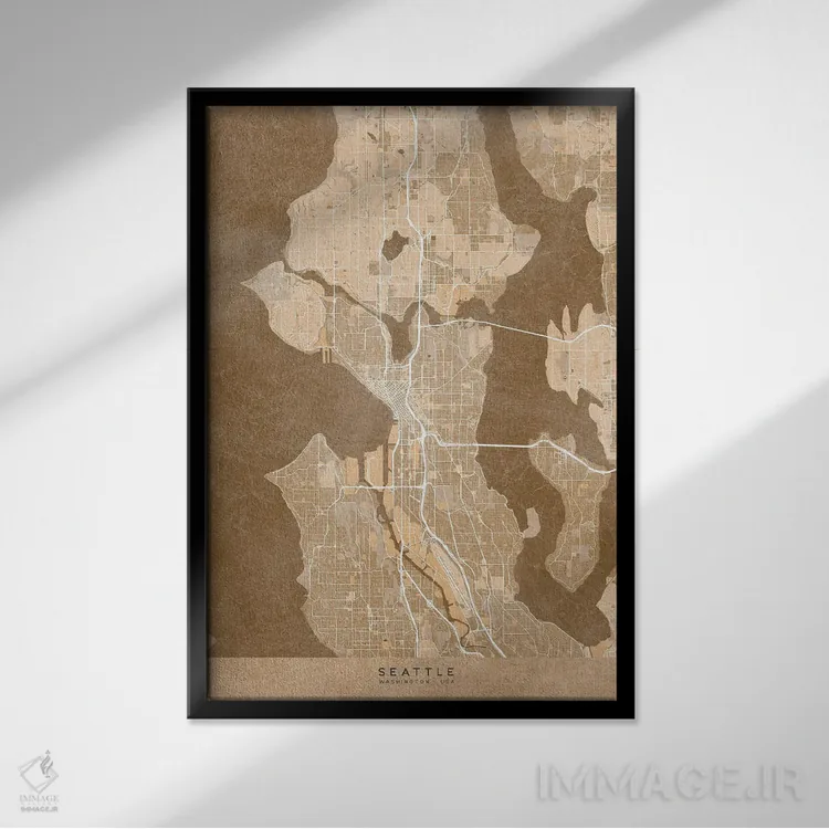 تابلو دکوراتیو USA) In Sepia Vintage Style,نقشه سیاتل به سبک سپیا وینتی… اثر بلرز بای ای آی - نمای قابدار مشکی
