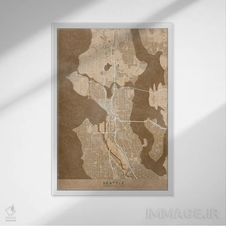 تابلو دکوراتیو USA) In Sepia Vintage Style,نقشه سیاتل به سبک سپیا وینتی… اثر بلرز بای ای آی - نمای قابدار سفید
