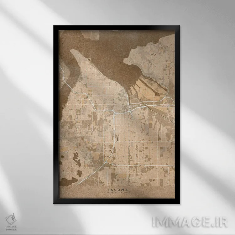 تابلو دکوراتیو USA) In Sepia Vintage Style,نقشه تاکوما به سبک سپیا وینت… اثر بلرز بای ای آی - نمای قابدار مشکی
