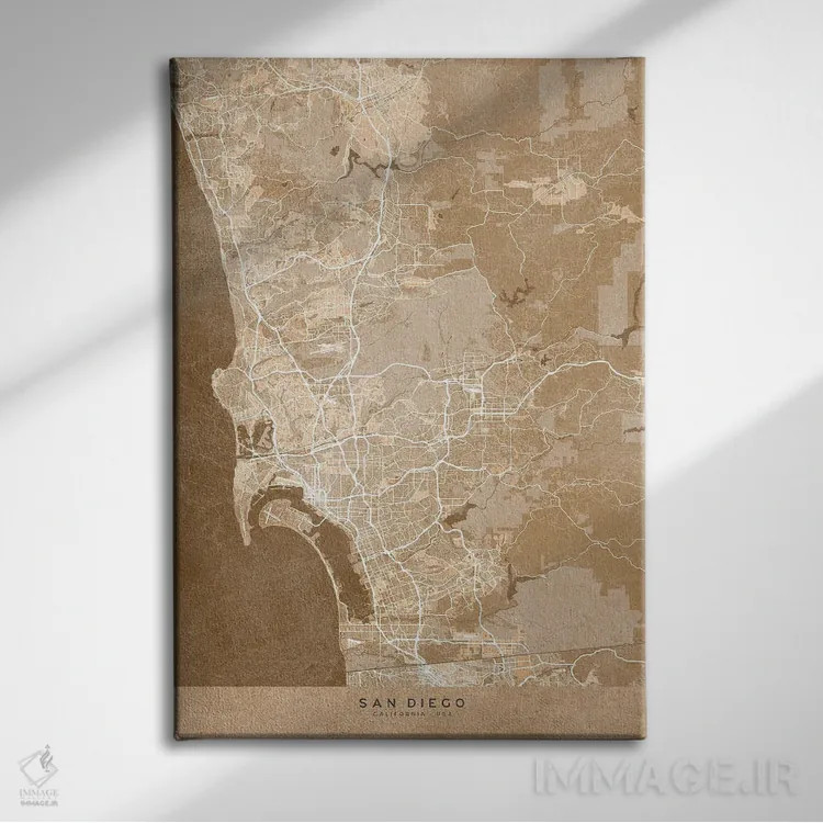 تابلو دکوراتیو USA) In Sepia Vintage Style,نقشه سن دیگو به سبک سپیا وین… اثر بلرز بای ای آی - نمای روبهرو روی دیوار