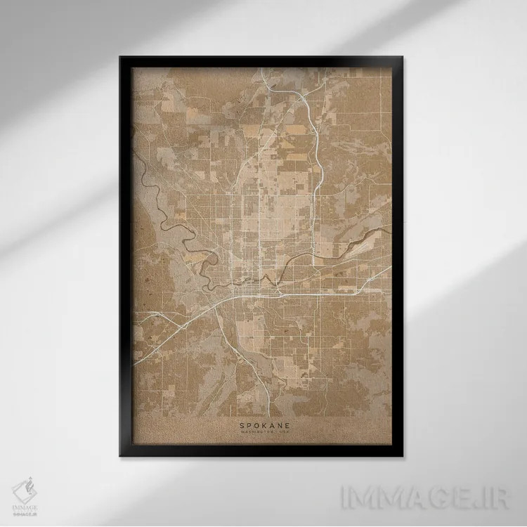تابلو دکوراتیو USA) In Sepia Vintage Style,نقشه اسپوکن به سبک سپیا وینت… اثر بلرز بای ای آی - نمای قابدار مشکی