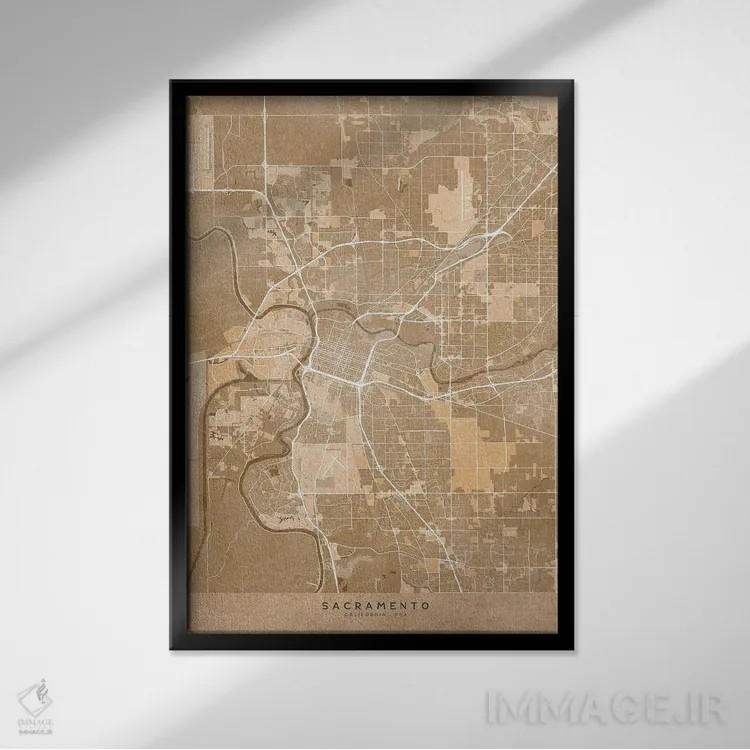 تابلو دکوراتیو USA) In Sepia Vintage Style,نقشه ساکرامنتو به سبک سپیا و… اثر بلرز بای ای آی - نمای قابدار مشکی
