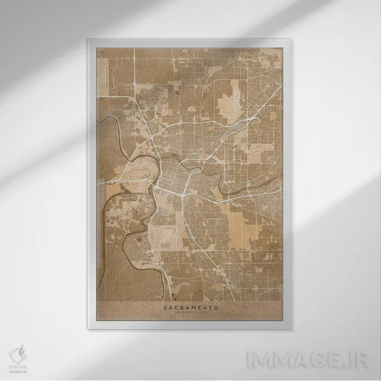 تابلو دکوراتیو USA) In Sepia Vintage Style,نقشه ساکرامنتو به سبک سپیا و… اثر بلرز بای ای آی - نمای قابدار سفید