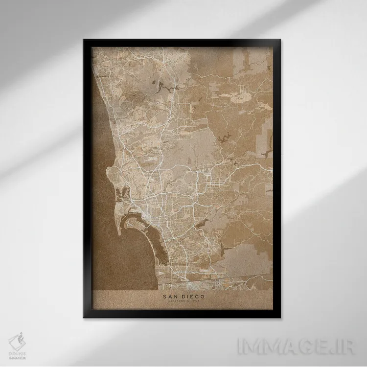 تابلو دکوراتیو USA) In Sepia Vintage Style,نقشه سن دیگو به سبک سپیا وین… اثر بلرز بای ای آی - نمای قابدار مشکی