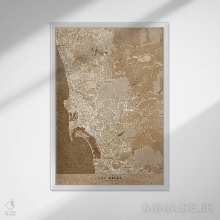 تابلو دکوراتیو USA) In Sepia Vintage Style,نقشه سن دیگو به سبک سپیا وین… اثر بلرز بای ای آی - نمای قابدار سفید
